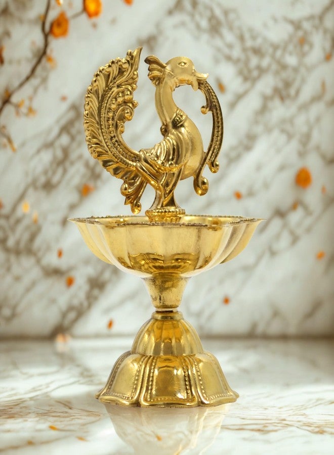 CraftVatika Pure Brass Diya, Peacock Design Brass Diya Set of 1, Kuthu Vilakku for Home Diwali Decor Items, Oil Wick Lamp Deepak Deepam (7 CM Height) - Image 1